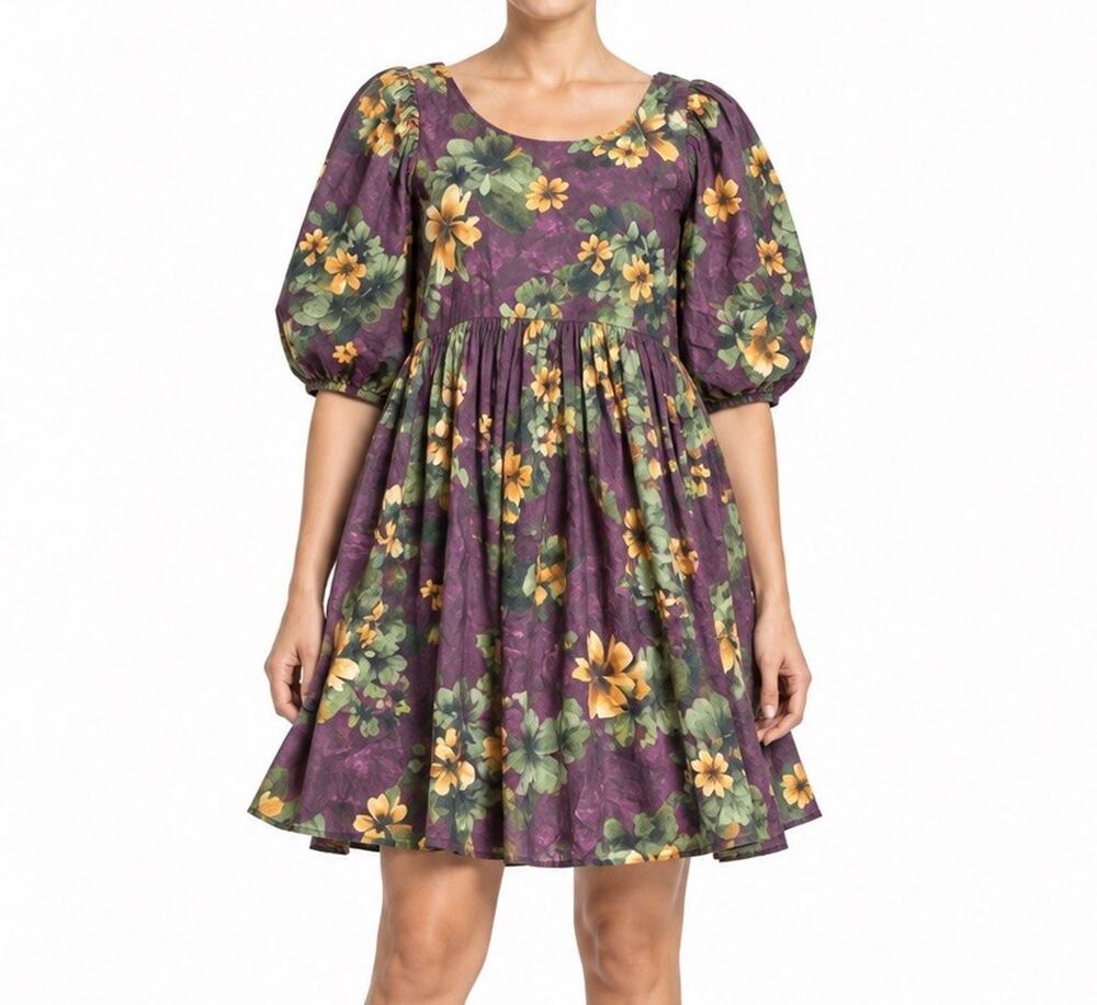 Merlette Floral Cotton Dress S Purple Puff Sleeve Relaxed Fit Midi